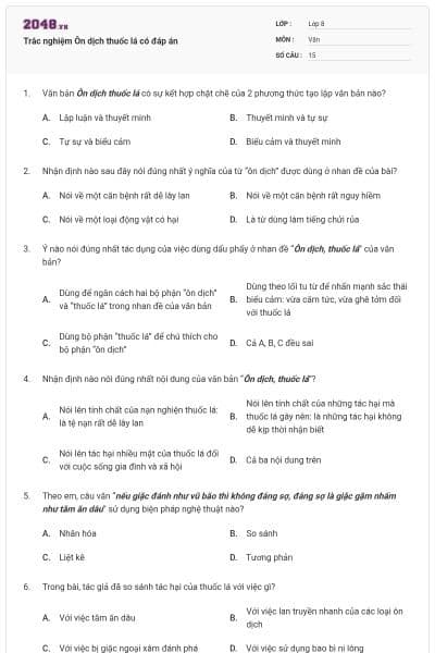 Trắc nghiệm Ôn dịch thuốc lá có đáp án