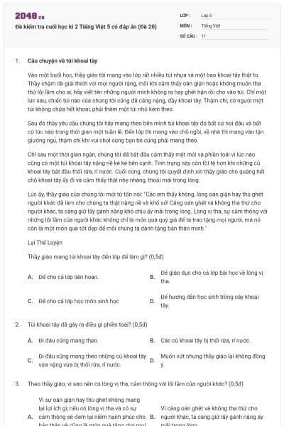 Đề kiểm tra cuối học kì 2 Tiếng Việt 5 có đáp án (Đề 20)