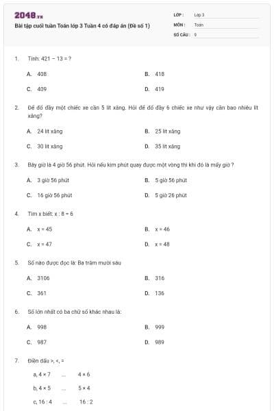 Bài tập cuối tuần Toán lớp 3 Tuần 4 có đáp án (Đề số 1)