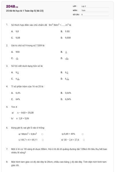 25 Đề thi học kì 1 Toán lớp 5( Đề 23)