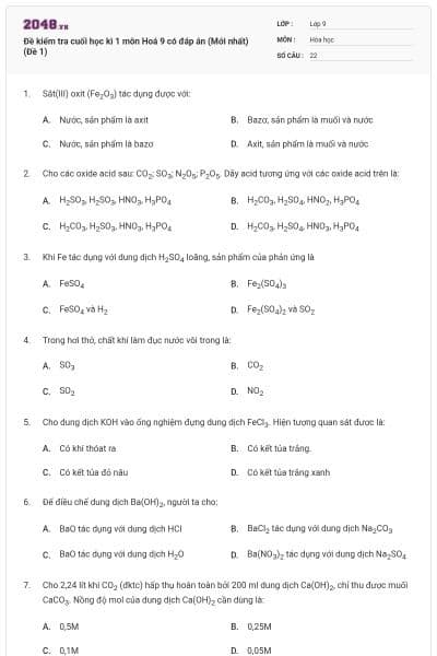 Đề kiểm tra cuối học kì 1 môn Hoá 9 có đáp án (Mới nhất) (Đề 1)