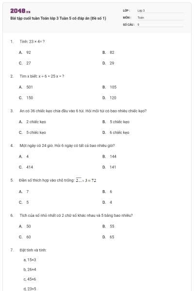 Bài tập cuối tuần Toán lớp 3 Tuần 5 có đáp án (Đề số 1)