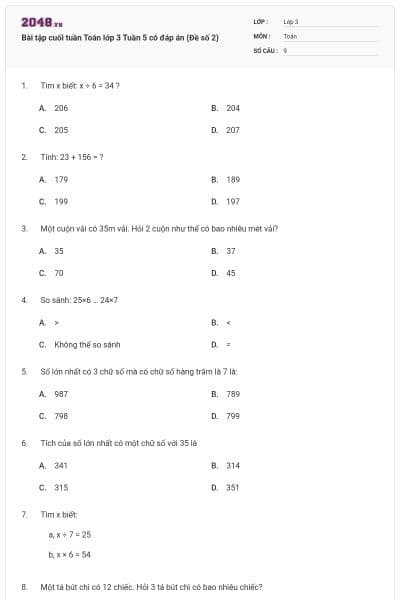 Bài tập cuối tuần Toán lớp 3 Tuần 5 có đáp án (Đề số 2)