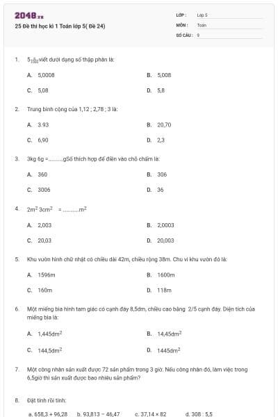 25 Đề thi học kì 1 Toán lớp 5( Đề 24)