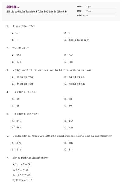 Bài tập cuối tuần Toán lớp 3 Tuần 5 có đáp án (Đề số 3)