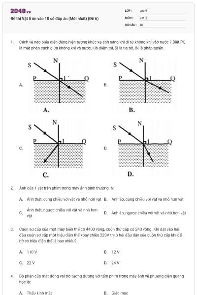 Đề thi Vật lí ôn vào 10 có đáp án (Mới nhất) (Đề 6)