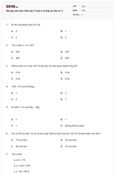 Bài tập cuối tuần Toán lớp 3 Tuần 6 có đáp án (Đề số 1)