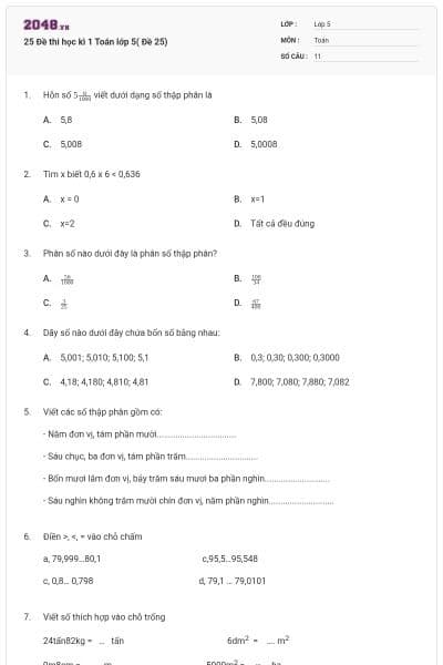 25 Đề thi học kì 1 Toán lớp 5( Đề 25)