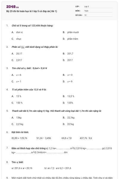 Bộ 25 đề thi toán học kì I lớp 5 có đáp án( Đề 1)