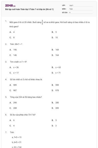 Bài tập cuối tuần Toán lớp 3 Tuần 7 có đáp án (Đề số 1)