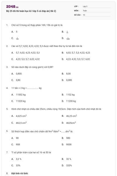 Bộ 25 đề thi toán học kì I lớp 5 có đáp án( Đề 2)