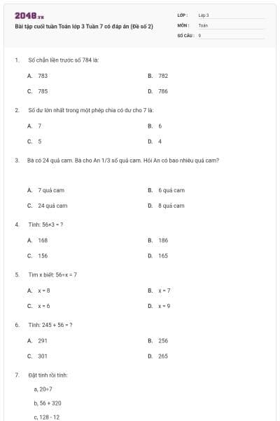 Bài tập cuối tuần Toán lớp 3 Tuần 7 có đáp án (Đề số 2)