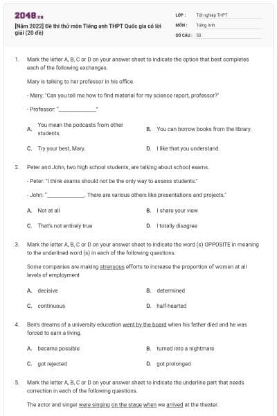 [Năm 2022] Đề thi thử môn Tiếng anh THPT Quốc gia có lời giải (20 đề)