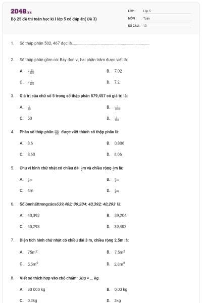 Bộ 25 đề thi toán học kì I lớp 5 có đáp án( Đề 3)