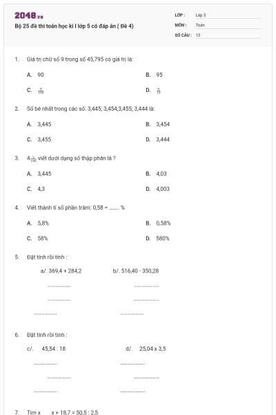 Bộ 25 đề thi toán học kì I lớp 5 có đáp án ( Đề 4)