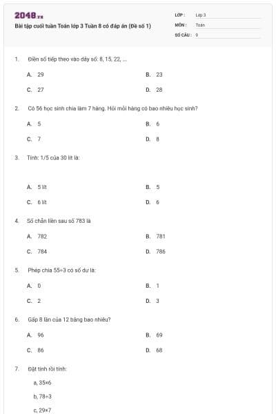 Bài tập cuối tuần Toán lớp 3 Tuần 8 có đáp án (Đề số 1)