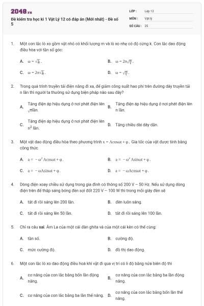 Đề kiểm tra học kì 1 Vật Lý 12 có đáp án (Mới nhất) - Đề số 5