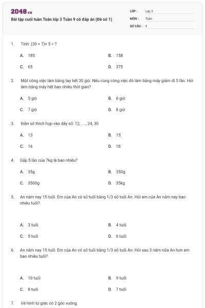 Bài tập cuối tuần Toán lớp 3 Tuần 9 có đáp án (Đề số 1)