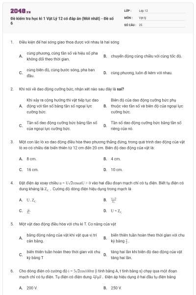 Đề kiểm tra học kì 1 Vật Lý 12 có đáp án (Mới nhất) - Đề số 6