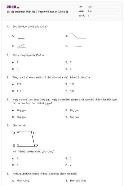 Bài tập cuối tuần Toán lớp 3 Tuần 9 có đáp án (Đề số 2)