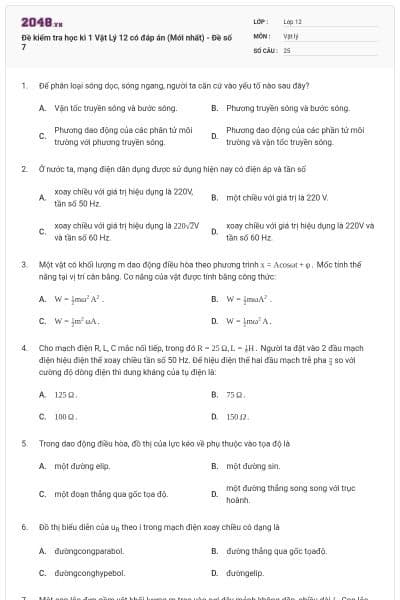 Đề kiểm tra học kì 1 Vật Lý 12 có đáp án (Mới nhất) - Đề số 7