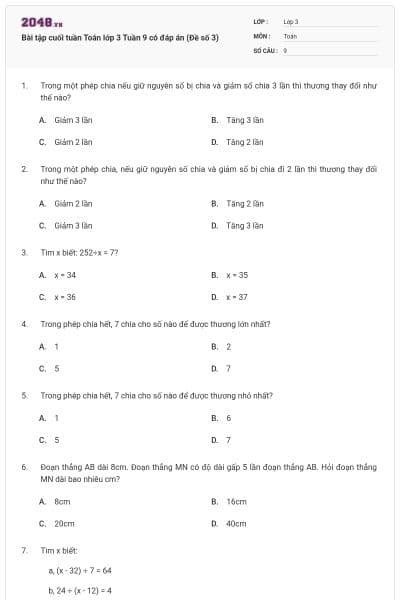 Bài tập cuối tuần Toán lớp 3 Tuần 9 có đáp án (Đề số 3)