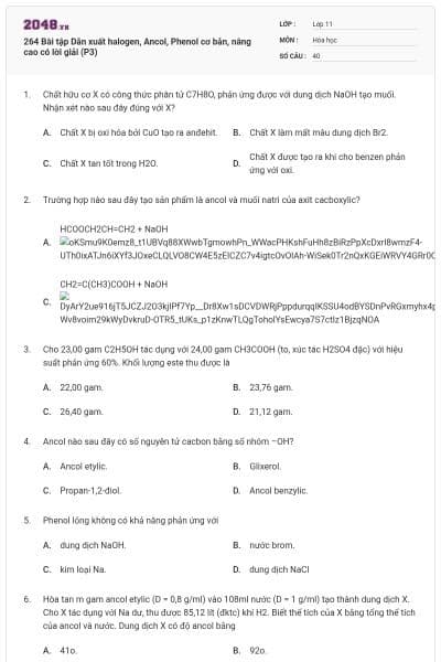 264 Bài tập Dẫn xuất halogen, Ancol, Phenol cơ bản, nâng cao có lời giải (P3)