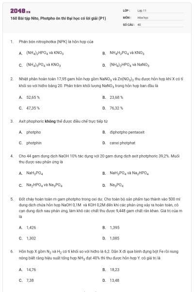 160 Bài tập Nito, Photpho ôn thi Đại học có lời giải (P1)