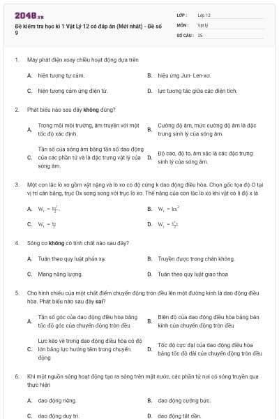 Đề kiểm tra học kì 1 Vật Lý 12 có đáp án (Mới nhất) - Đề số 9