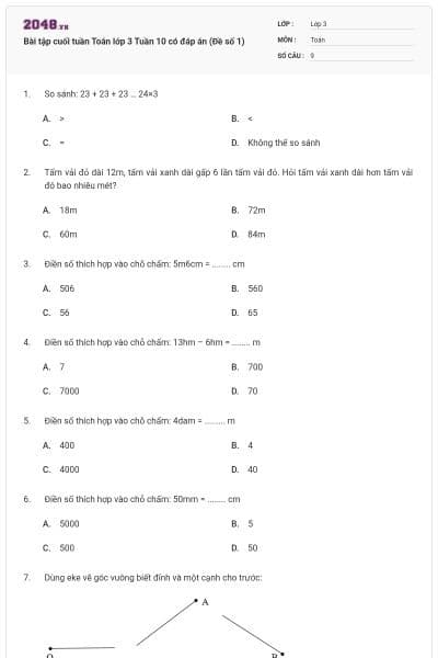 Bài tập cuối tuần Toán lớp 3 Tuần 10 có đáp án (Đề số 1)