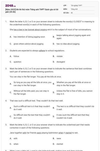 [Năm 2022] Đề thi thử môn Tiếng anh THPT Quốc gia có lời giải (20 đề)