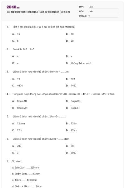 Bài tập cuối tuần Toán lớp 3 Tuần 10 có đáp án (Đề số 2)