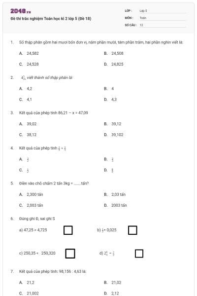 Đề thi trắc nghiệm Toán học kì 2 lớp 5 (Đề 18)