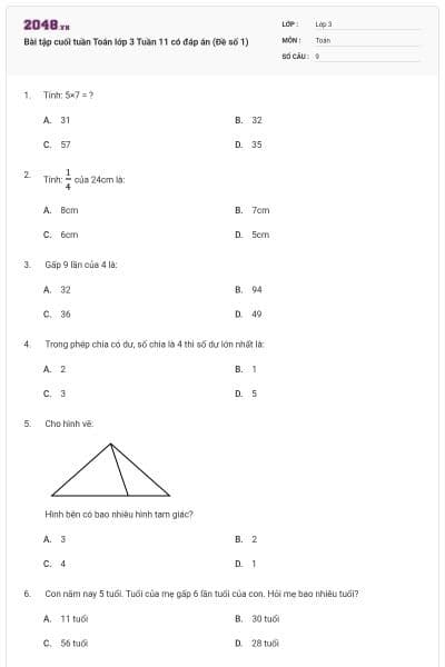 Bài tập cuối tuần Toán lớp 3 Tuần 11 có đáp án (Đề số 1)