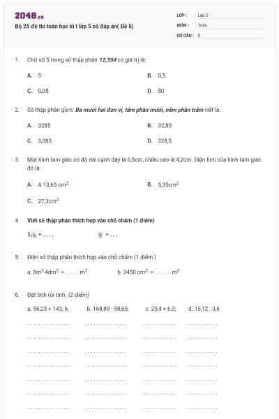Bộ 25 đề thi toán học kì I lớp 5 có đáp án( Đề 5)
