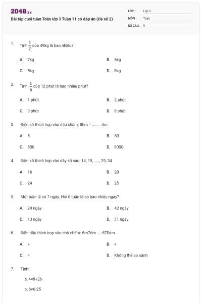 Bài tập cuối tuần Toán lớp 3 Tuần 11 có đáp án (Đề số 2)