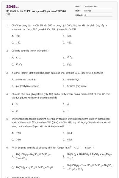 Bộ 25 đề thi thử THPT Hóa học có lời giải năm 2022 (Đề 19)