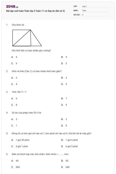 Bài tập cuối tuần Toán lớp 3 Tuần 11 có đáp án (Đề số 3)