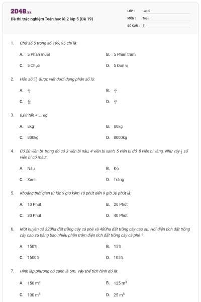 Đề thi trắc nghiệm Toán học kì 2 lớp 5 (Đề 19)
