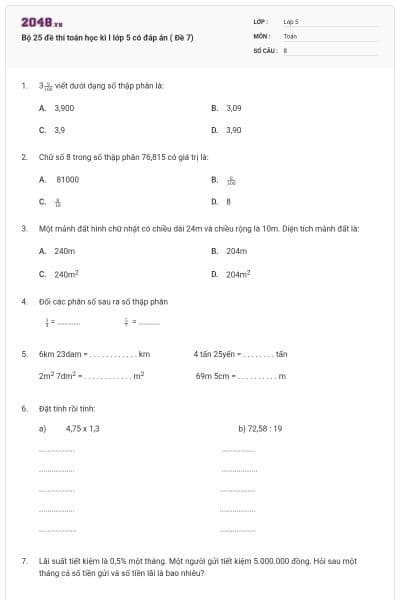 Bộ 25 đề thi toán học kì I lớp 5 có đáp án ( Đề 7)