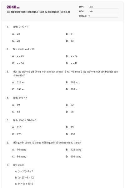 Bài tập cuối tuần Toán lớp 3 Tuần 12 có đáp án (Đề số 3)