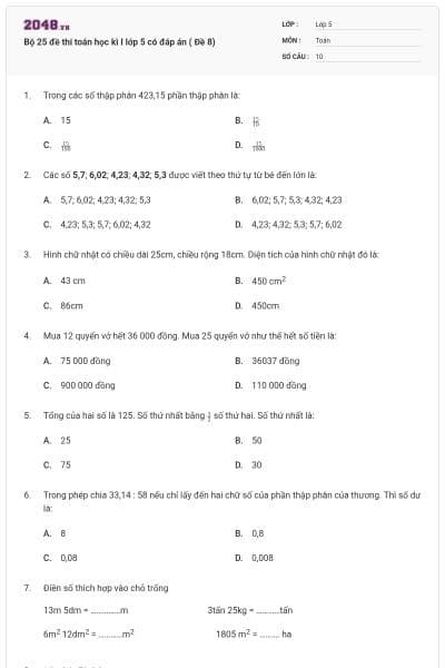 Bộ 25 đề thi toán học kì I lớp 5 có đáp án ( Đề 8)