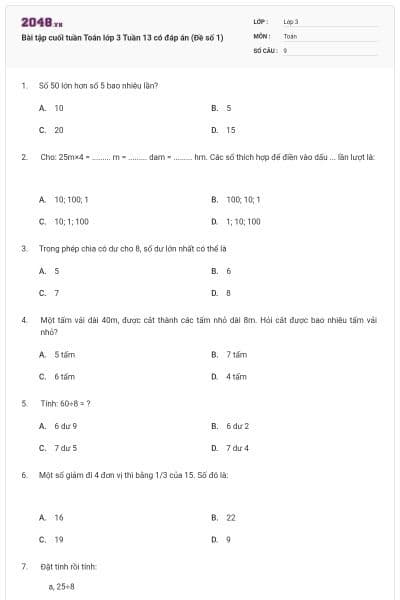 Bài tập cuối tuần Toán lớp 3 Tuần 13 có đáp án (Đề số 1)