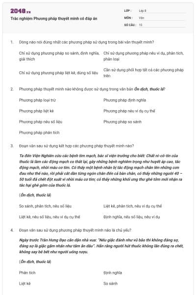 Trắc nghiệm Phương pháp thuyết minh có đáp án