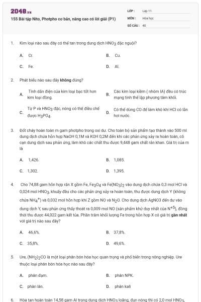 155 Bài tập Nito, Photpho cơ bản, nâng cao có lời giải (P1)
