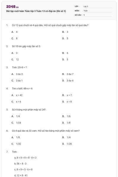 Bài tập cuối tuần Toán lớp 3 Tuần 13 có đáp án (Đề số 3)