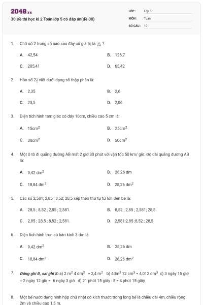 30 Đề thi học kì 2 Toán lớp 5 có đáp án(đề 08)