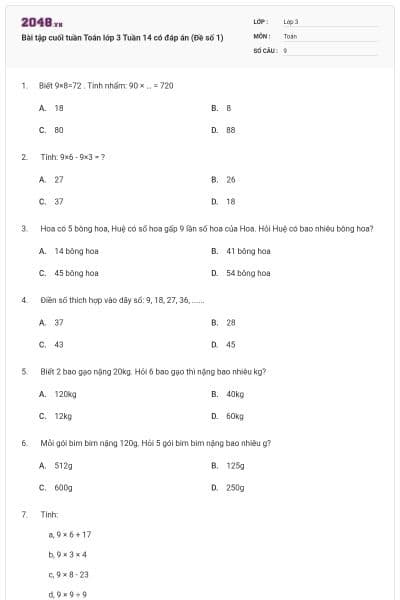 Bài tập cuối tuần Toán lớp 3 Tuần 14 có đáp án (Đề số 1)