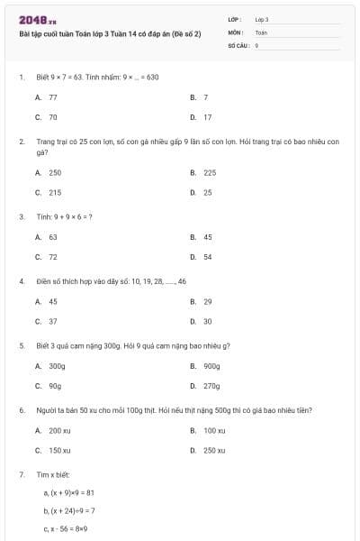 Bài tập cuối tuần Toán lớp 3 Tuần 14 có đáp án (Đề số 2)