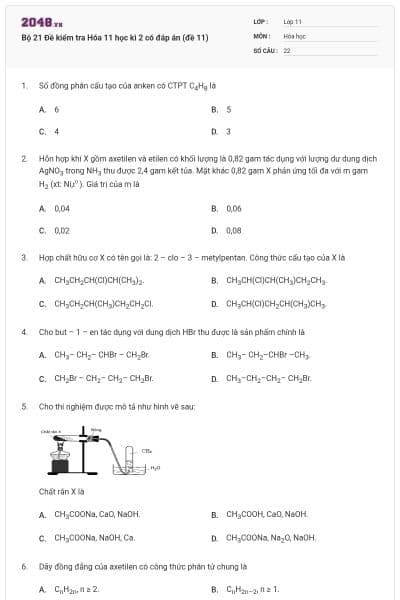 Bộ 21 Đề kiểm tra Hóa 11 học kì 2 có đáp án (đề 11)